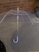 Clear bubble umbrella open showing transparent dome with white curved handle and metal framework