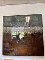 Square abstract painting showing layered horizontal waves and textured abstract fields in dark tones with a signature likely in the lower area.