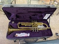 Vinci brass trumpet inside hard-sided black carrying case lined with purple plush fabric, with accessories visible.
