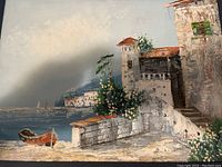 Full view of the painting showing the coastal village landscape with boat, buildings, flowers.