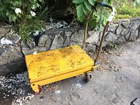 Side-angle view showing the entire lift cart, yellow metal platform, handle, and front wheels.