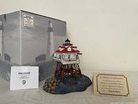 Photo showing the Thomas Point Shoal lighthouse figurine, original box with label, certificate of authenticity, and lot number card.