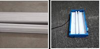Photo shows one blue metal-framed fluorescent light fixture with two tubes, and closeup of two white LED tube light fixtures.