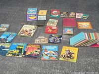 Top view of approximately 28 children's books arranged on a gray floor, showing varied titles and colorful covers including trucks, Indians, and storybooks.