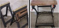 Two folding sawhorses with wooden tops and black legs, one with taped top