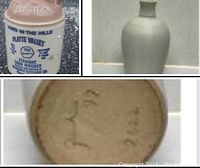 Photo showing two ceramic jugs: one large whiskey jug with decals and markings, the other smaller unmarked stoneware jug.