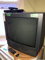 Sony Trinitron 20-inch CRT TV with remote and digital converter on top, showing screen and front controls.