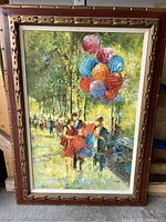 Full view of large framed oil painting showing children holding colorful balloons in park