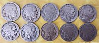 Obverse view showing Native American profile on all ten Indian Head nickels. Dates visible on five coins, others heavily worn.