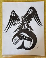 Full view of Native art print showing black and white stylized bird and aquatic animal design