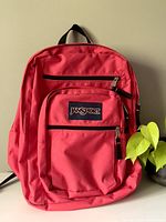 Front view of the JanSport backpack showing hot-pink color, front zippered pockets, and logo patch.