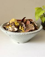 Side angle of the grey crackle glaze pottery bowl filled with dried assorted botanicals including mushrooms, flowers, and pods.