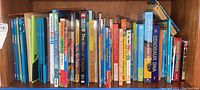 Books tightly arranged on a wooden shelf showing a variety of early reader children's books including topics of dinosaurs, construction, words, and knights.