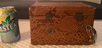 Side view of brown faux snakeskin case with metal clasps and ventilation grille, showing approximate size against soda can