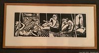 Framed long horizontal woodcut print with multiple panels showing abstract figures around a chessboard.