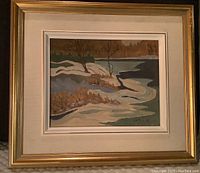 Framed oil painting depicting Tay River in winter, signed by S.C. Mooney, showing snow and river landscape.