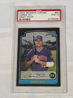 Front side of 2003 Bowman Chrome #95 Aaron Hill baseball card graded PSA Mint 9.