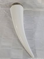 Front view of white horn-shaped beer mug with metallic rim inscribed 'Das Horn'