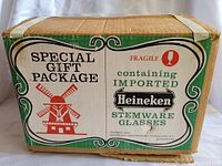 Box front with 'Special Gift Package' wording and Heineken logo featuring imported stemware glasses, fragile icon, and windmill graphic.