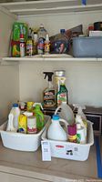 Photo showing three Rubbermaid dishpans filled with assorted cleaning supplies arranged on shelves.