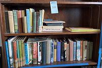 Shelf of vintage hardcover books with varied titles and condition showing older classic literature and folk tales.