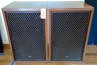 Front view of both speakers with lattice grills installed