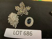 Three decorative brooches visible on black fabric background with a Lot 686 sign: leaf-shaped with multicolored stones, clustered clear rhinestone brooch, oval blue and clear rhinestone brooch.