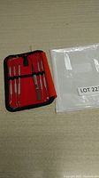 Photo showing six medical grade stainless steel dental instruments secured in a red zippered fabric pouch alongside a white plastic bag labeled with lot number.