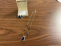 Overall view of necklace laid out with matching earrings in jewelry box on wooden surface