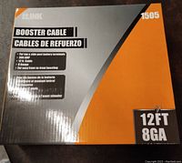 Photo of the front of the box showing brand Link, model 1505, specifications of 12 feet length and 8 gauge thickness