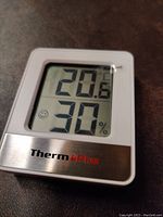Front view of the ThermoPro indoor humidity and temperature monitor showing digital temperature and humidity readings on the screen.