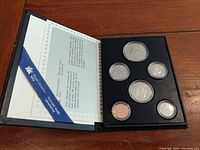 Full view of the 1985 Canadian proof coin set in black case with certificate and six coins.