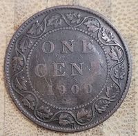 Reverse of 1900 Canadian large penny coin showing denomination and maple leaf wreath