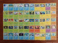 Top view of 50 unique Pokemon trading cards from 2020 arranged in 5 rows showing front artwork and details of each card.