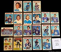 Front view of 20 Toronto Maple Leafs 1975-76 hockey cards arranged in rows displaying players and team.