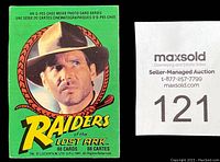 Box front of 1981 Raiders of the Lost Ark trading cards by O.P.C. Canada, showing character image and set info for 88 cards.