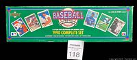 Green rectangular 1990 Upper Deck Baseball Card Factory Set box with branding and example card images on the lid.