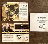 Two numbered hockey card inserts featuring Evgeni Malkin and Marc-Andre Fleury showing front and back with stats and player info. Price stickers on cards.