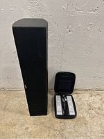Photo of tall black Soundstage speaker placed upright against wall on concrete floor