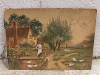 Full view of the vintage oil painting showing the cottage, trees, woman, and ducks or geese in a rural setting.