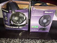 Photo of two boxed electric fans: Holmes Blizzard Jr. and Sunbeam Blizzard. Boxes show some wear; fans inside are black compact desk models.