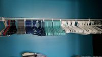 Full view of clothes hangers arranged on metal rod against blue wall showing various colors and materials.