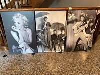 Three posters arranged side by side, showing Marilyn Monroe, The Beatles, and Elvis Presley.