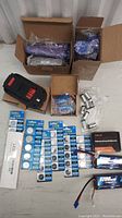 Lot with all batteries, button cells in blister packs, cylindrical batteries, and battery holders all arranged on floor.