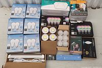 Photo showing multiple boxed LED bulbs including Energizer 2-pack A21 bulbs, LE LED multicolor bulbs 4-pack, spotlight style LED bulbs, frosted round bulbs, LED desk lamp and LMP outdoor wall light fixture in their original packaging.