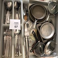 Combined image showing both flatware and cookware with utensils in drawers.