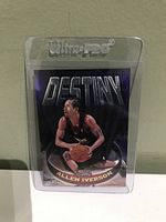 Front view of the 1996 Allen Iverson basketball card showing the 'Destiny' design and image of Iverson in Philadelphia 76ers uniform.