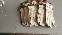 10 pairs of new men's leather work gloves laid out side by side showing front faces and attached packaging tags.