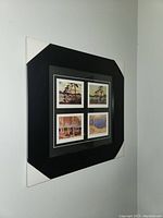 Framed artwork showing all four prints in a black mat and frame, white corners for protection during shipping or storage.