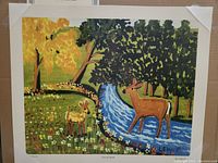 Frontal view of the colorful lithograph depicting two deer at a stream with bright trees and flowers, signed by artist Lewis.
